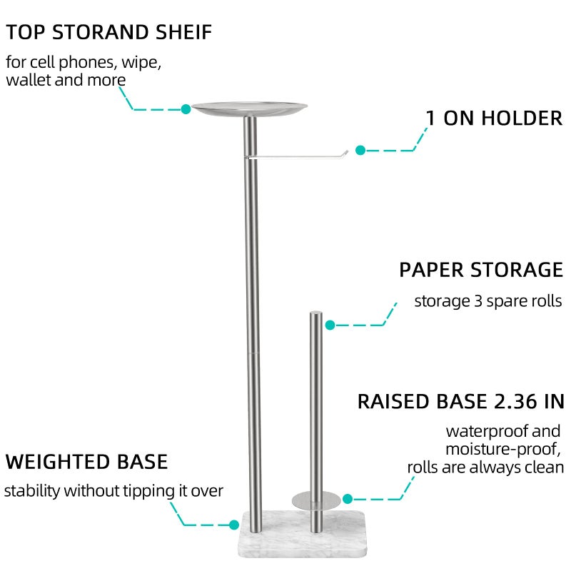 FEILERN FEILERN Toilet Paper Holder Stand for Bathroom Floor Standing Toilet Roll Dispenser Storages 4 Reserve Rolls  with Top Storage Shelf for Cell Phones  Wipe  Wallet and More(Marble Brush Nickel)  - Image 2