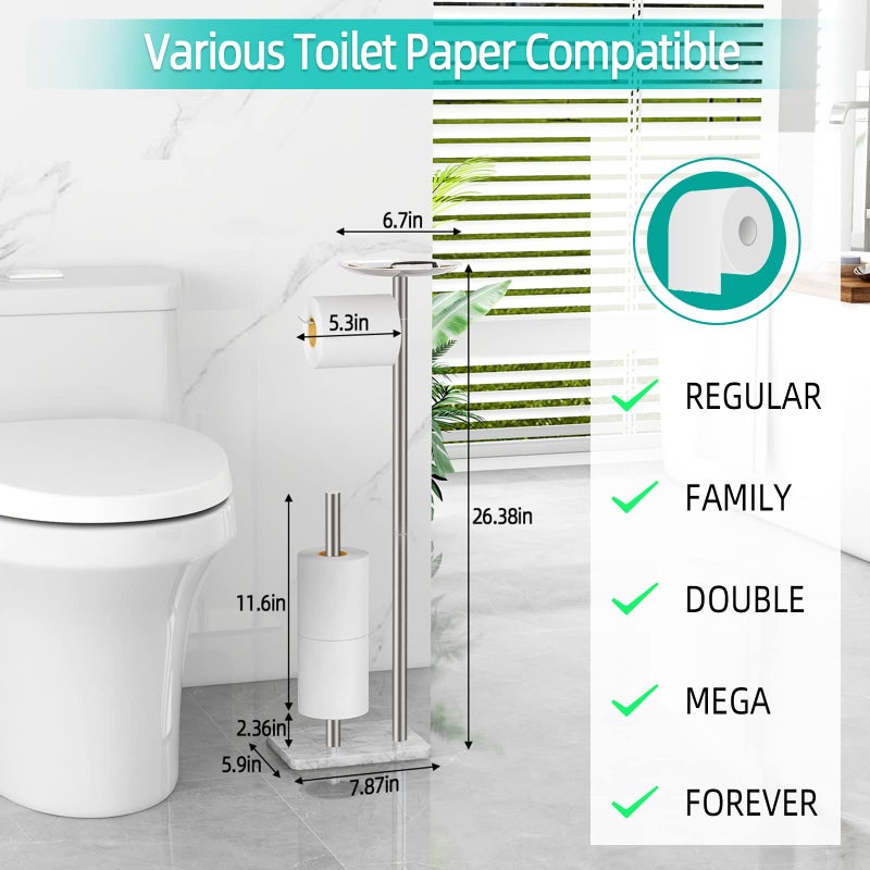FEILERN FEILERN Toilet Paper Holder Stand for Bathroom Floor Standing Toilet Roll Dispenser Storages 4 Reserve Rolls  with Top Storage Shelf for Cell Phones  Wipe  Wallet and More(Marble Brush Nickel)  - Image 5