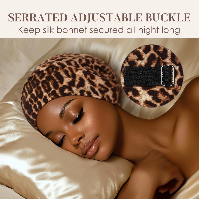 LULUSILK 100% Mulberry Silk Bonnet for Sleeping, No More Frizzy Tangled Hair, Stay On All Night Adjustable Silk Night Cap for Sleeping, Brown Leopard, Pack of 1 - Image 4