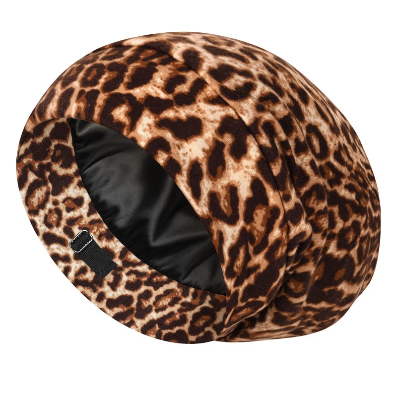 LULUSILK 100% Mulberry Silk Bonnet for Sleeping, No More Frizzy Tangled Hair, Stay On All Night Adjustable Silk Night Cap for Sleeping, Brown Leopard, Pack of 1 - Image 1
