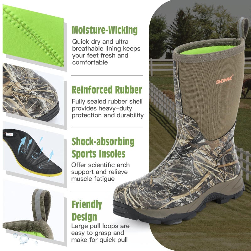 Showave Men's Rubber Boots Durable Waterproof Insulated Rain Boot Neoprene Heavy-duty Mud Outdoor Garden Working Hunting Boots(Camo 8) - Image 4