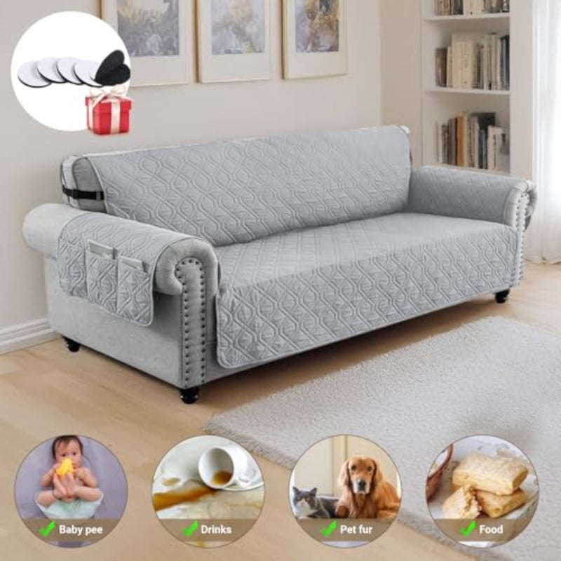 Sofa Covers Waterproof Couch Cover Non-Slip Quilted Sofa Slipcover for Dogs Furniture Protector Cover for Pets with Adjustable Strap Washable Light Grey, 245×58cm - Image 3
