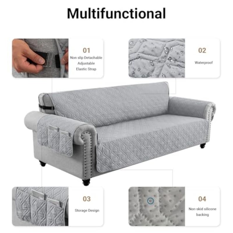 Sofa Covers Waterproof Couch Cover Non-Slip Quilted Sofa Slipcover for Dogs Furniture Protector Cover for Pets with Adjustable Strap Washable Light Grey, 245×58cm - Image 5