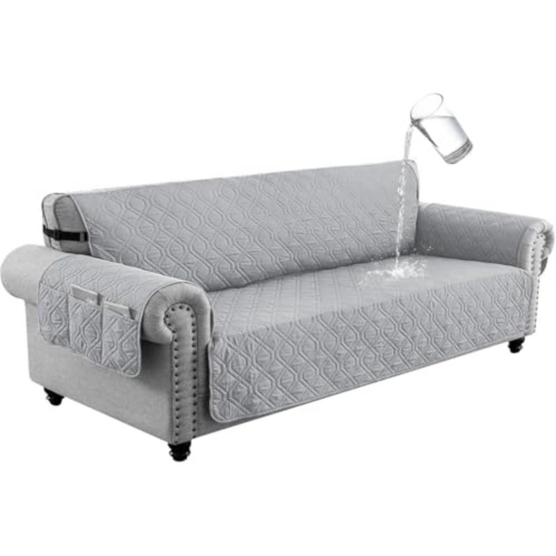 Sofa Covers Waterproof Couch Cover Non-Slip Quilted Sofa Slipcover for Dogs Furniture Protector Cover for Pets with Adjustable Strap Washable Light Grey, 245×58cm - Image 1