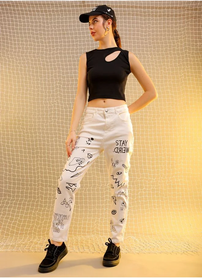 مرفوعة Women Straight Fit Placement Print High-Rise Jeans