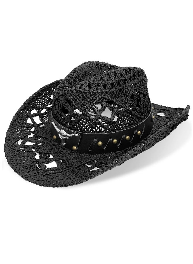 Stylish Straw Cowboy Hat for Women and Men, Perfect Sun Protection Beach Hat with Unique Beaded Band  - Image 1