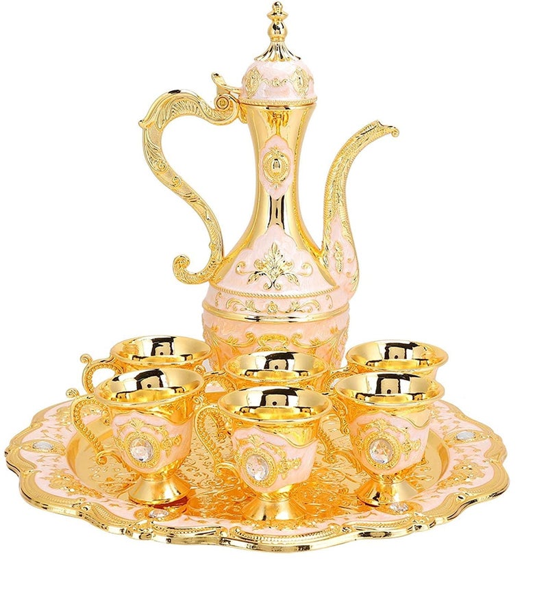 Thyggzjbs Thyggzjbs Vintage Turkish Coffee Pot Set for 6 including Tray  Teapot Silver Inset with Crystal StonesPink 