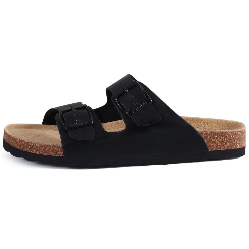 KIDMI Unisex Genuine Suede Summer Sandals Arch Support Cork Footbed Slide Sandals with Double Adjustable Buckle for Women Men, Black Oily 39 - Image 3