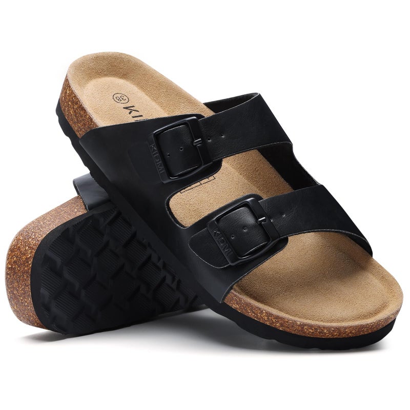KIDMI Unisex Genuine Suede Summer Sandals Arch Support Cork Footbed Slide Sandals with Double Adjustable Buckle for Women Men, Black Oily 39 - Image 5