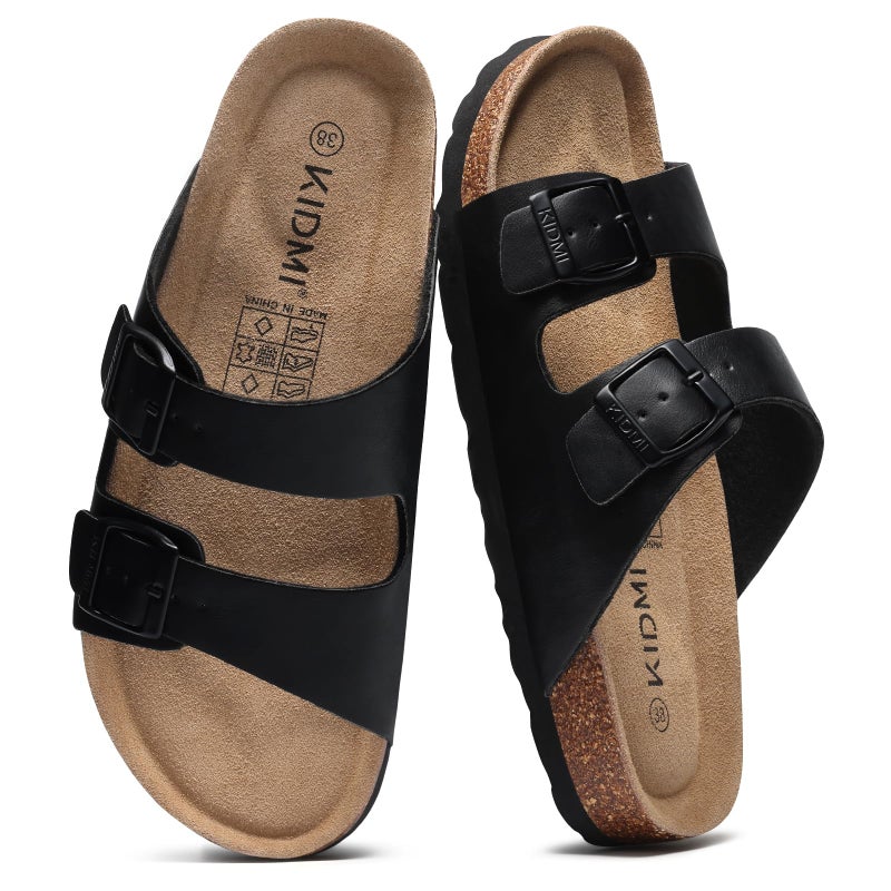 KIDMI Unisex Genuine Suede Summer Sandals Arch Support Cork Footbed Slide Sandals with Double Adjustable Buckle for Women Men, Black Oily 39 - Image 1