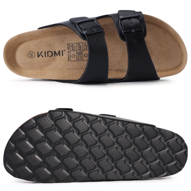 KIDMI Unisex Genuine Suede Summer Sandals Arch Support Cork Footbed Slide Sandals with Double Adjustable Buckle for Women Men, Black Oily 39 - Image 4