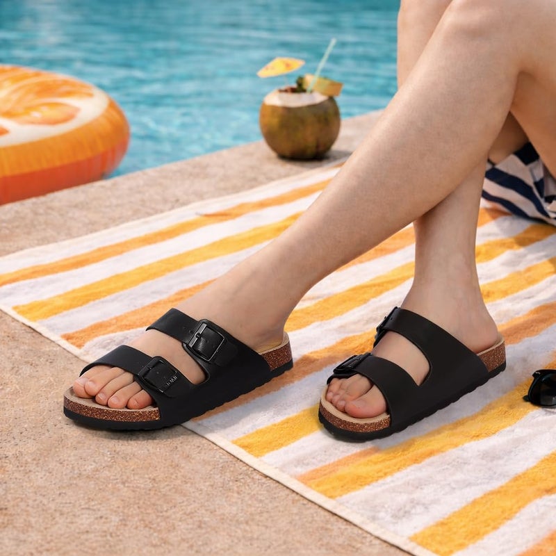 KIDMI Unisex Genuine Suede Summer Sandals Arch Support Cork Footbed Slide Sandals with Double Adjustable Buckle for Women Men, Black Oily 39 - Image 2