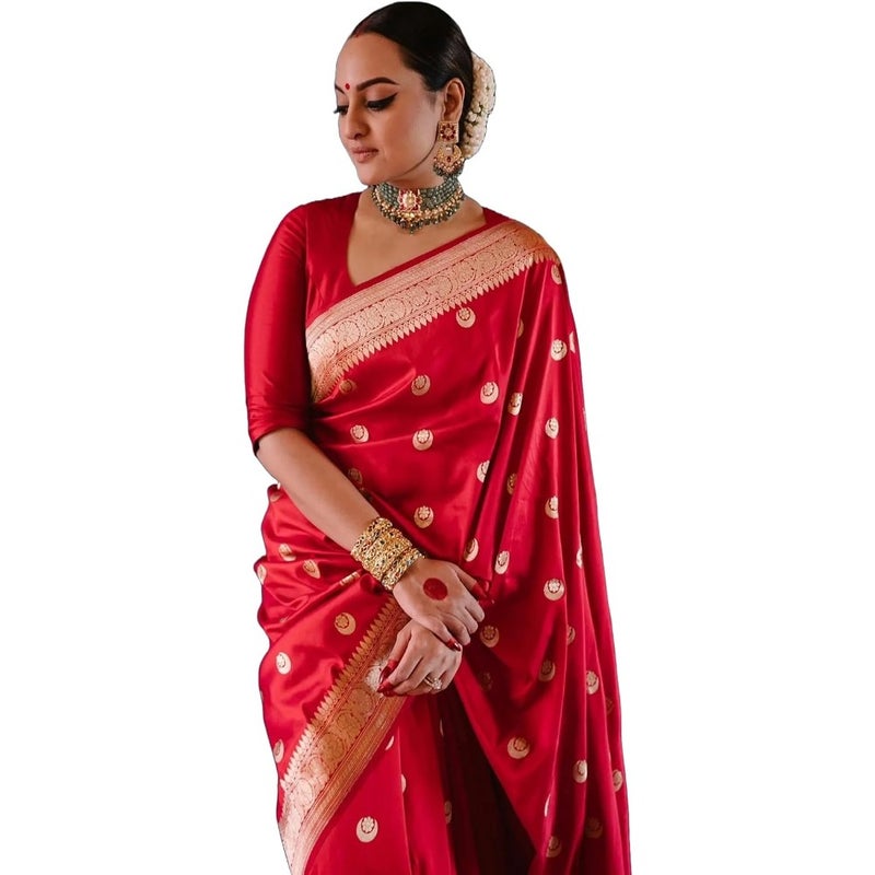 Women's Kanjivaram soft silk saree with blouse piece for weddings and festivals, gold and maroon, lightweight and lustrous - Image 1