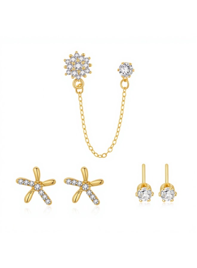MTZ 3 Pairs Cubic Zirconia Stud Earrings Set for Women, Hypoallergenic Gold Plated Crystal Earrings, Dainty CZ Diamond Studs in Various Sizes, Sensitive Ear Friendly Jewelry Gift Box - Image 1