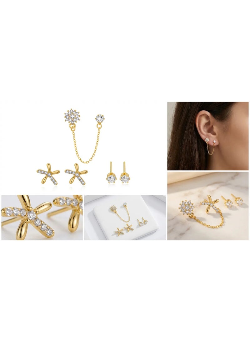 MTZ 3 Pairs Cubic Zirconia Stud Earrings Set for Women, Hypoallergenic Gold Plated Crystal Earrings, Dainty CZ Diamond Studs in Various Sizes, Sensitive Ear Friendly Jewelry Gift Box - Image 4