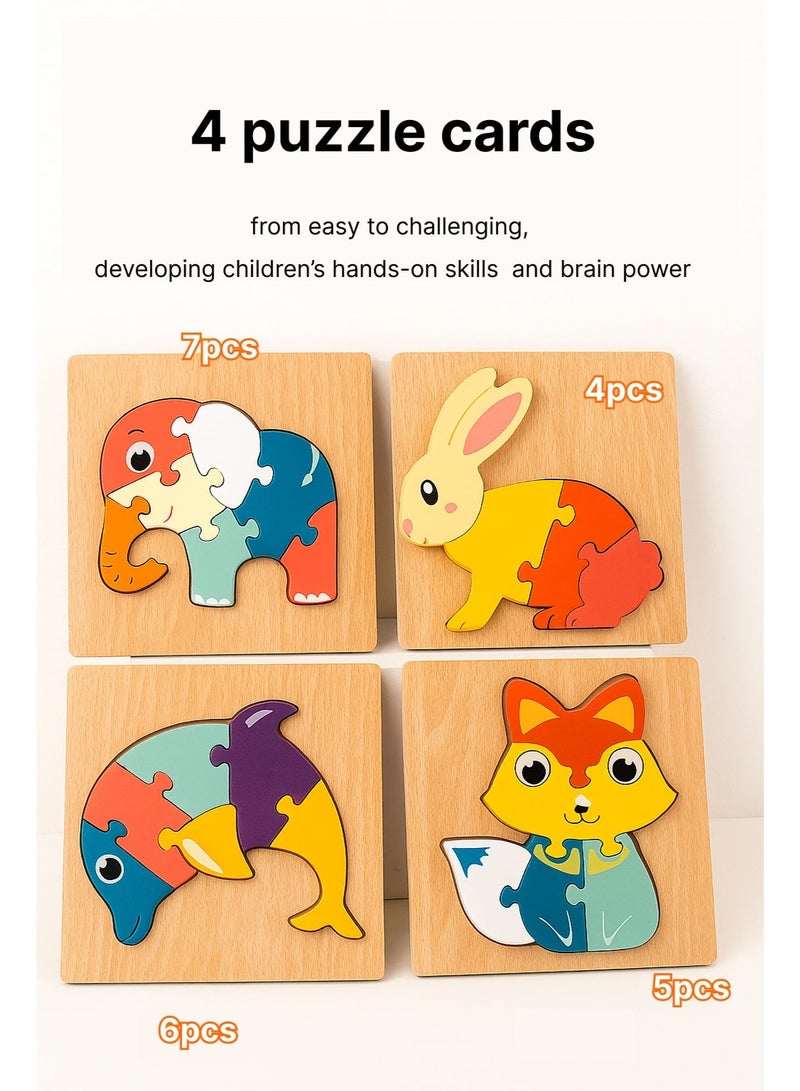 Wooden Animal Puzzle Set for Toddlers 18M+ | Montessori Educational Toys | 4 Pcs 3D Wooden Jigsaw Puzzles | Elephant, Rabbit, Fox & Dolphin | Early Learning Hand-Eye Coordination Toy Gift - Image 1