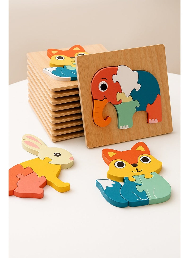 Wooden Animal Puzzle Set for Toddlers 18M+ | Montessori Educational Toys | 4 Pcs 3D Wooden Jigsaw Puzzles | Elephant, Rabbit, Fox & Dolphin | Early Learning Hand-Eye Coordination Toy Gift - Image 2