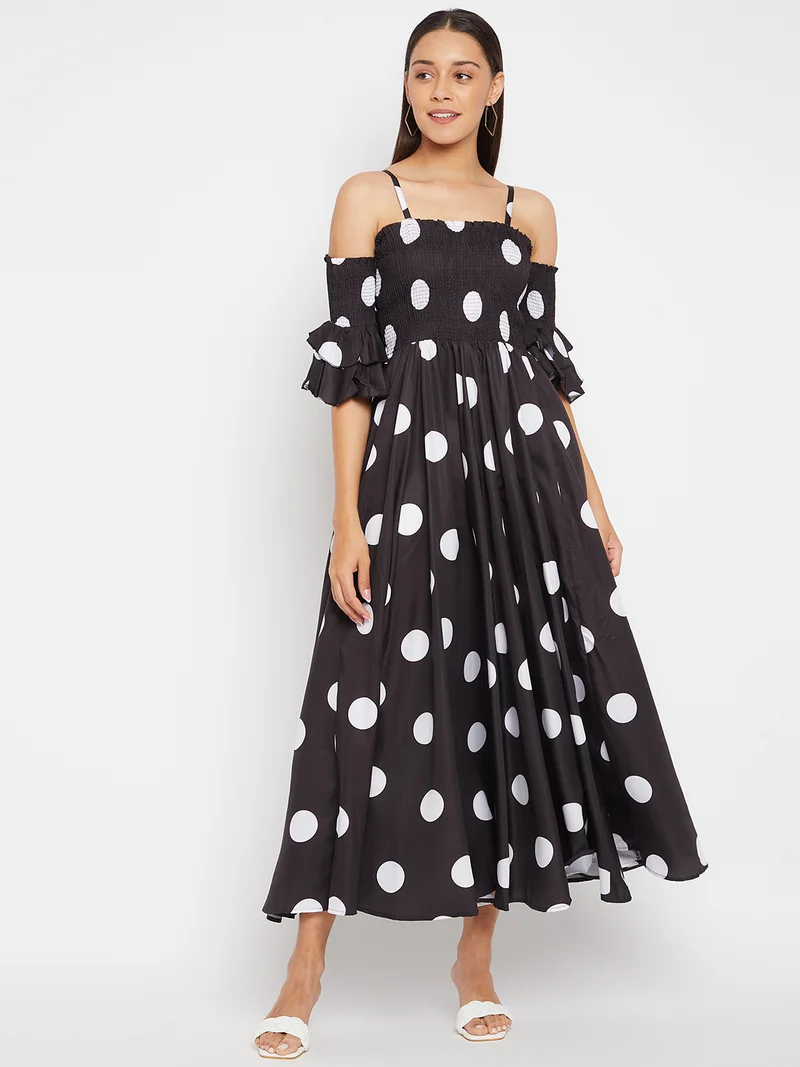 Panit PANIT Black Base and White Polka Dot Printed Maxi Dress