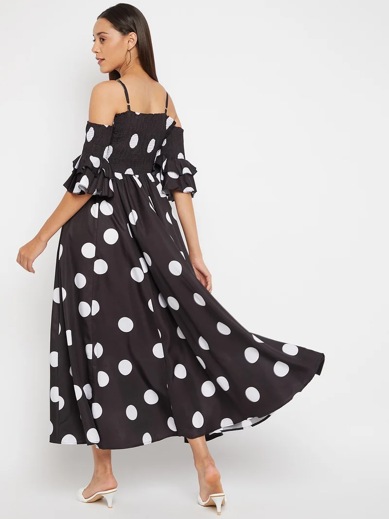 بانيت فستان ماكسي منقّط (Polka Dot) - قاعدة سوداء مع نقاط بيضاء