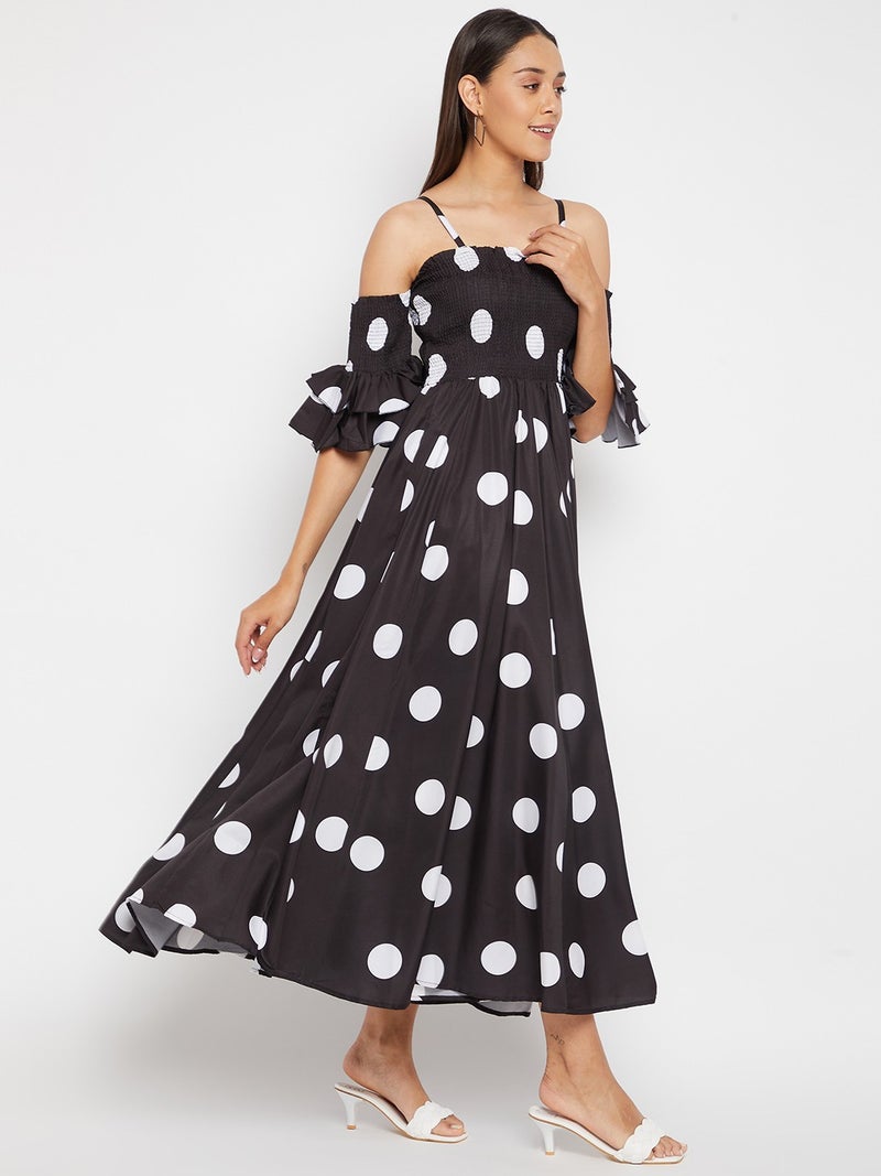 PANIT Black Base and White Polka Dot Printed Maxi Dress - Image 4