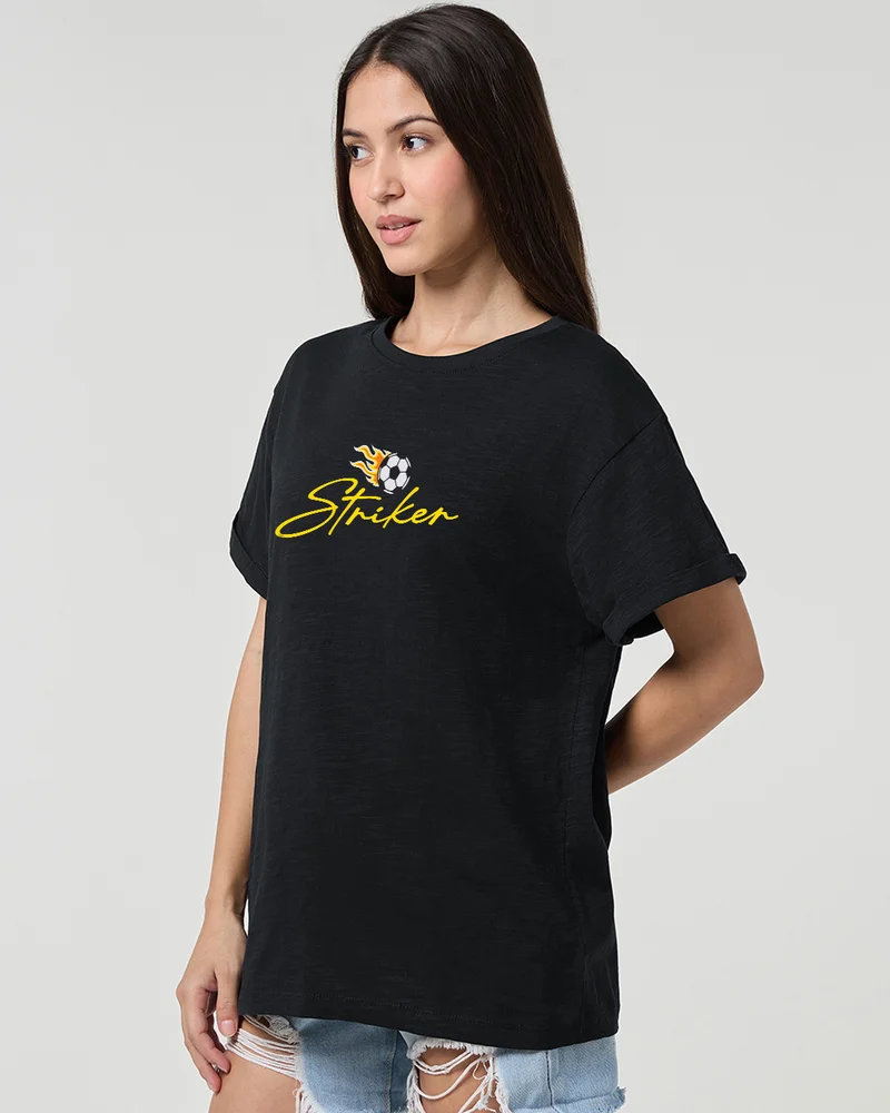 bewakoof Women's Black Striker Graphic Printed Boyfriend T-shirt