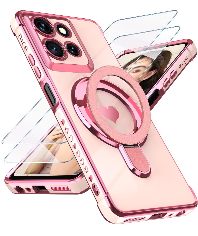 Liufcx Compatible with Motorola Moto G 5G 2025 Love Heart Kickstand Case with Screen Protector: Luxury Plated Gold Edge Slim Soft TPU Shockproof Protection Case Cover for Moto G 5G 2025 (Pink) - Image 1