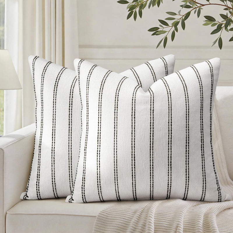 HOMEIDEAS Decorative Black and White Throw Pillow Covers 20x20 Set of 2 Striped Textured Farmhouse Pillow Covers Soft Chenille Cushion Covers for Couch Sofa Bed Home Decor - Image 2