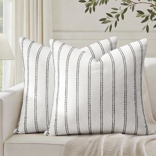 HOMEIDEAS Decorative Black and White Throw Pillow Covers 20x20 Set of 2 Striped Textured Farmhouse Pillow Covers Soft Chenille Cushion Covers for Couch Sofa Bed Home Decor - Image 1