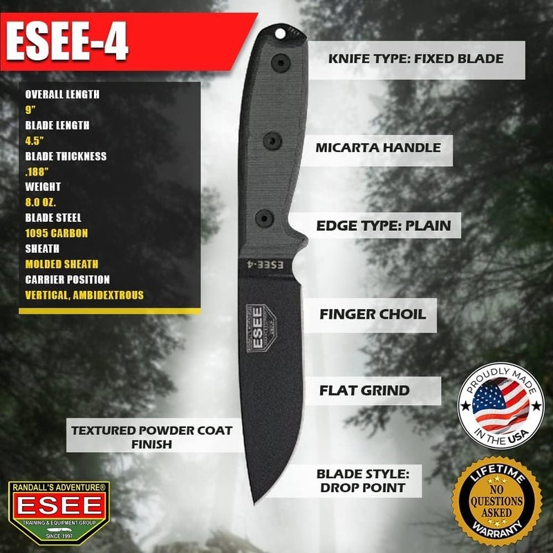 ESEE Knives 4P Fixed Blade Knife w/Handle and Molded Polymer Sheath (Black Blade/Grey Micarta Handle/Coyote Tan Sheath) - Image 2