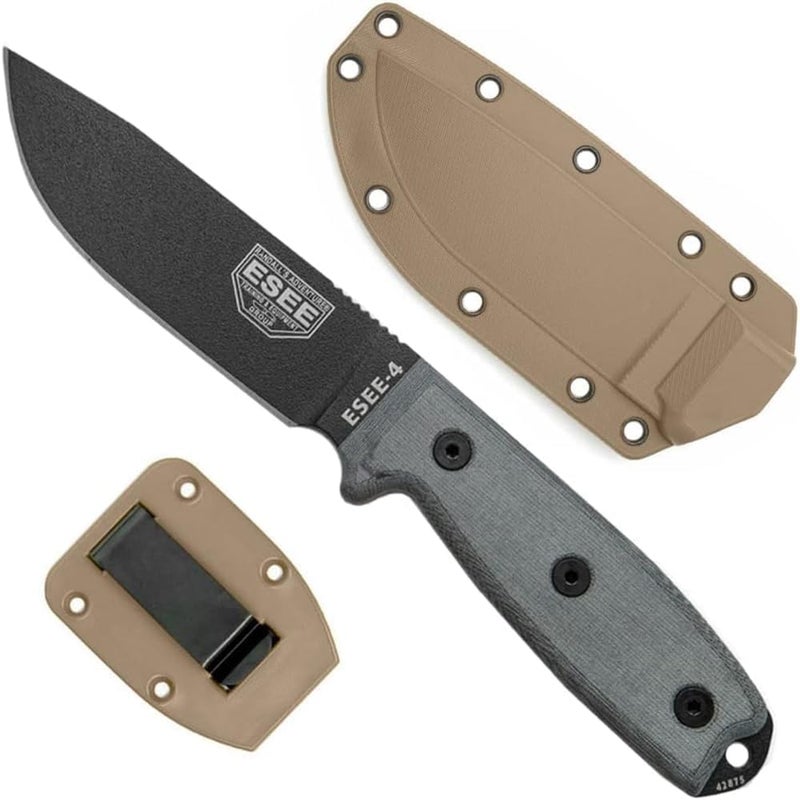ESEE Knives 4P Fixed Blade Knife w/Handle and Molded Polymer Sheath (Black Blade/Grey Micarta Handle/Coyote Tan Sheath) - Image 1