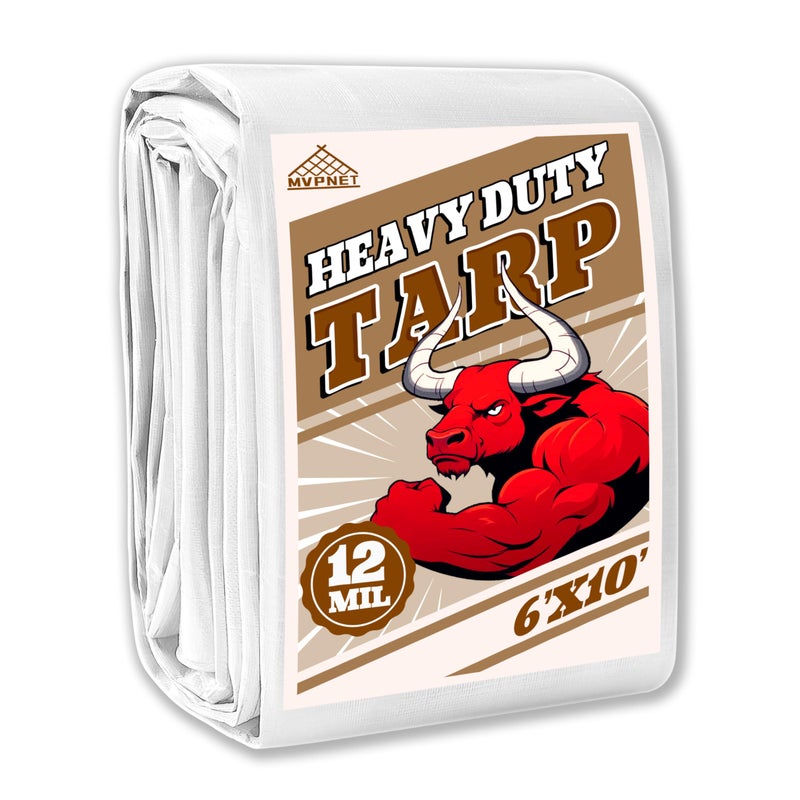 Tarp 6x10 ft Heavy Duty 12mil 100 Waterproof High Durability MultipurposeUv ResistantWhite Tarp Suitable for Swimming Pools Boats Camping Courtyards Etc by MVPNET