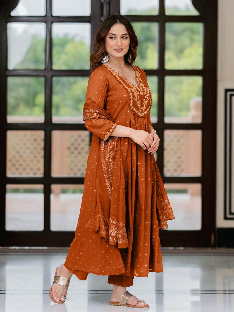 Arayna Women’s 100% Pure Cotton Anarkali Kurta Set with Pant & Dupatta | Embroidered Flared Kurta | Elegant Ethnic Suit, Rust Orange, X-Large - Image 2