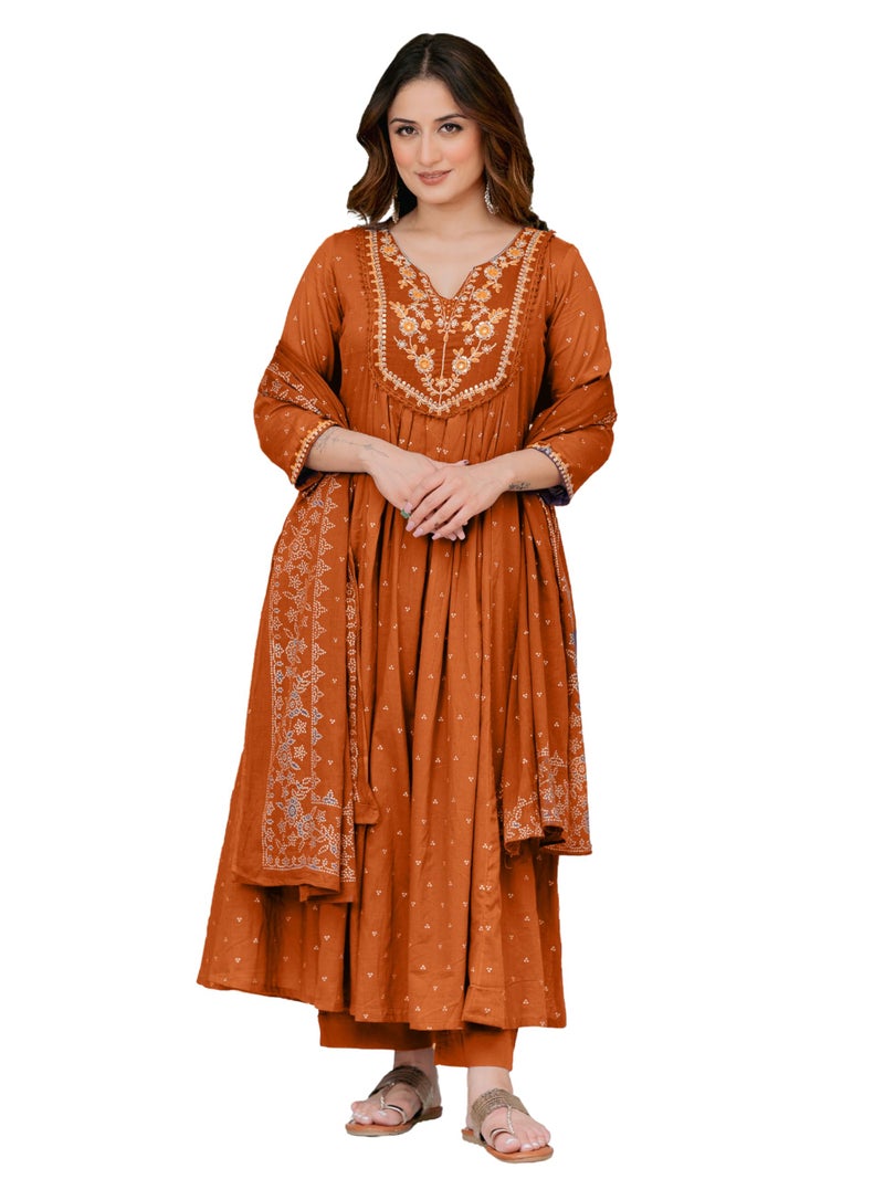 Arayna Women’s 100% Pure Cotton Anarkali Kurta Set with Pant & Dupatta | Embroidered Flared Kurta | Elegant Ethnic Suit, Rust Orange, X-Large - Image 1
