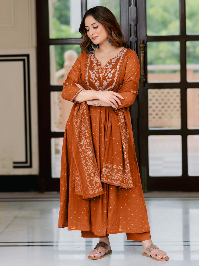 Arayna Women’s 100% Pure Cotton Anarkali Kurta Set with Pant & Dupatta | Embroidered Flared Kurta | Elegant Ethnic Suit, Rust Orange, X-Large - Image 4