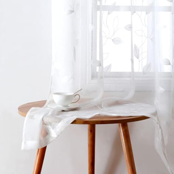 HOMEIDEAS White Sheer Curtains 52 X 84 Inches Long 2 Panels Embroidered Leaf Pattern Pocket Faux Linen Floral Semi Sheer Voile Window Curtains/Drapes for Bedroom Living Room - Image 1