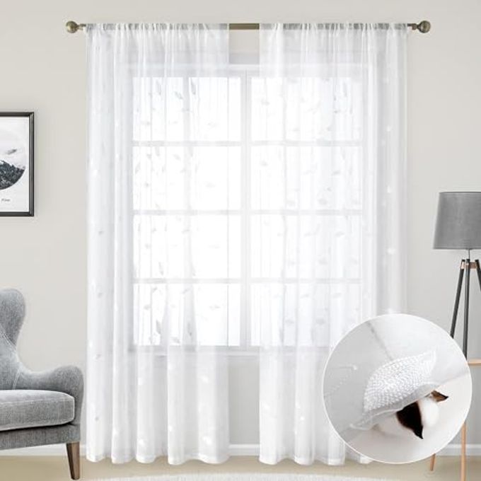 HOMEIDEAS White Sheer Curtains 52 X 84 Inches Long 2 Panels Embroidered Leaf Pattern Pocket Faux Linen Floral Semi Sheer Voile Window Curtains/Drapes for Bedroom Living Room - Image 2