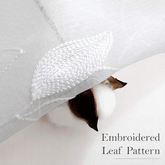 HOMEIDEAS White Sheer Curtains 52 X 84 Inches Long 2 Panels Embroidered Leaf Pattern Pocket Faux Linen Floral Semi Sheer Voile Window Curtains/Drapes for Bedroom Living Room - Image 3