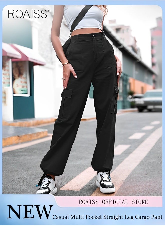 Women's High Waisted Multi Pocket Overalls Button Open and Close Fashion Casual Wide Leg Pants