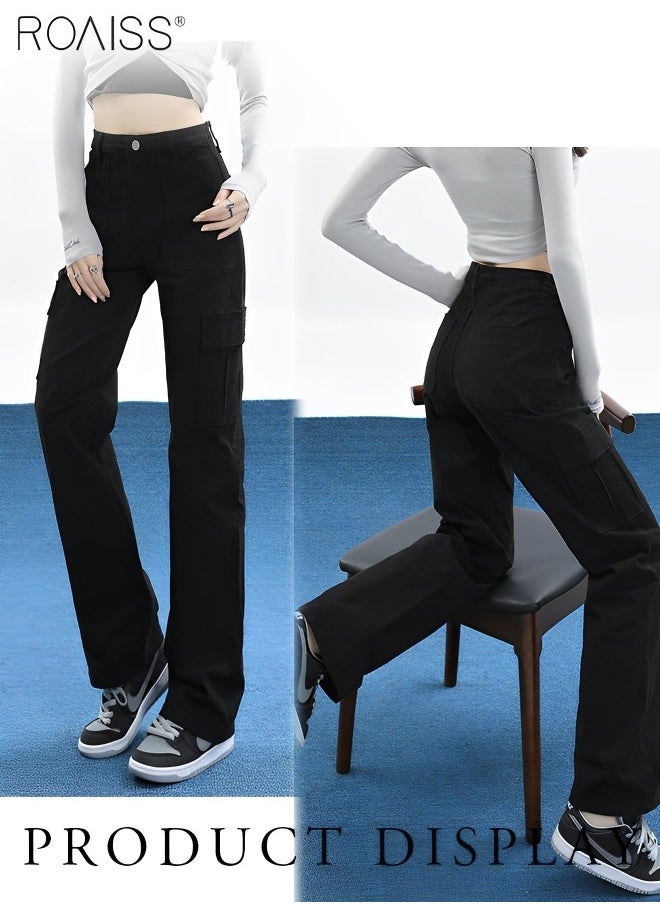 Women's High Waisted Multi Pocket Overalls Button Open and Close Fashion Casual Wide Leg Pants