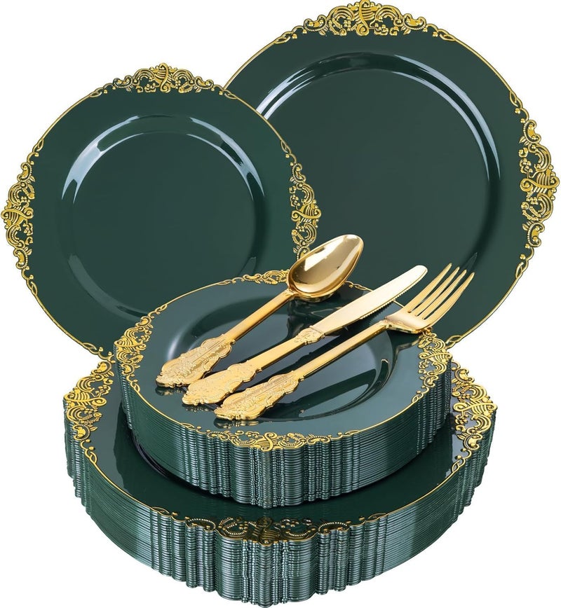 Joyido 125PCS Green and Gold Plastic Plates - Fancy Green Disposable Plates - Vintage Plate with Gold Plastic Silverware Set for 25 Guests for Party Wedding Spring - Image 1
