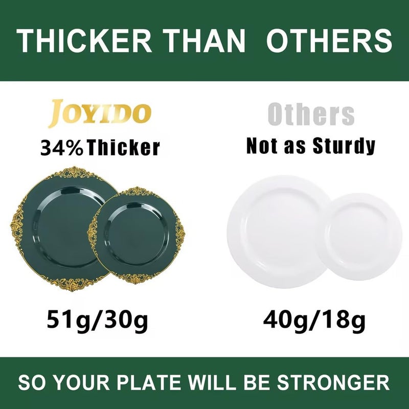 Joyido 125PCS Green and Gold Plastic Plates - Fancy Green Disposable Plates - Vintage Plate with Gold Plastic Silverware Set for 25 Guests for Party Wedding Spring - Image 4