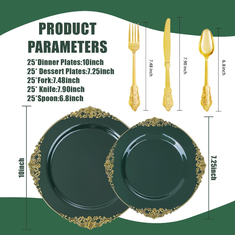 Joyido 125PCS Green and Gold Plastic Plates - Fancy Green Disposable Plates - Vintage Plate with Gold Plastic Silverware Set for 25 Guests for Party Wedding Spring - Image 2