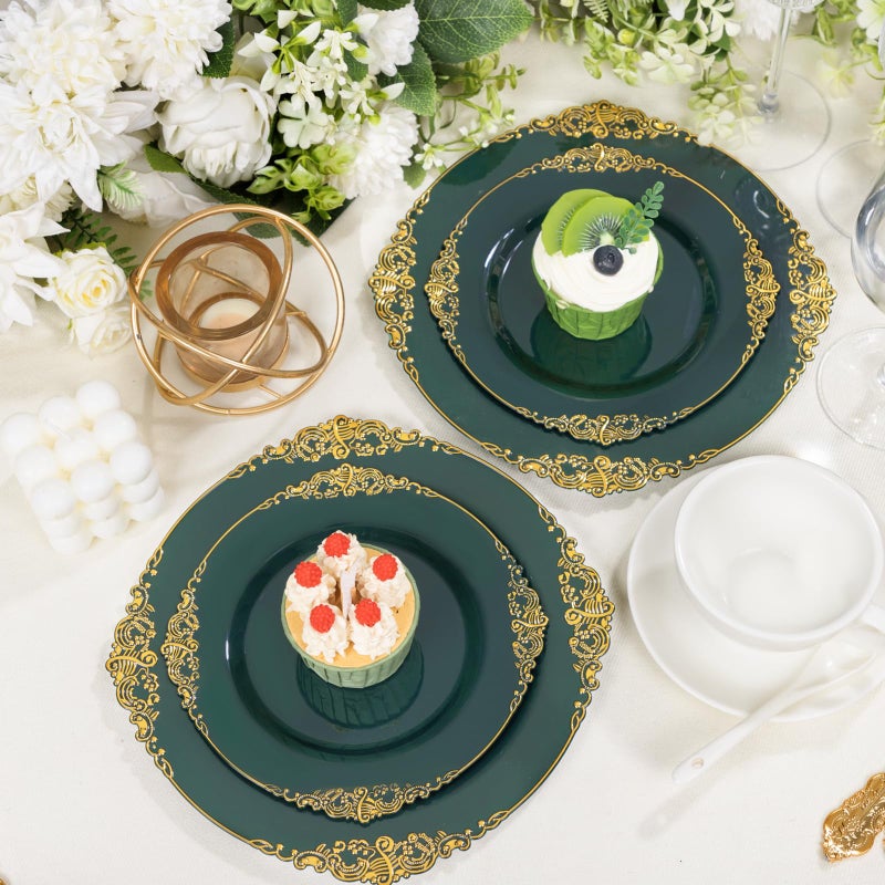 Joyido 125PCS Green and Gold Plastic Plates - Fancy Green Disposable Plates - Vintage Plate with Gold Plastic Silverware Set for 25 Guests for Party Wedding Spring - Image 5