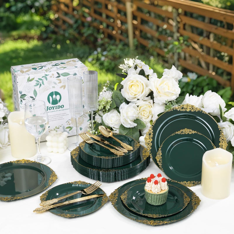 Joyido 125PCS Green and Gold Plastic Plates - Fancy Green Disposable Plates - Vintage Plate with Gold Plastic Silverware Set for 25 Guests for Party Wedding Spring - Image 3