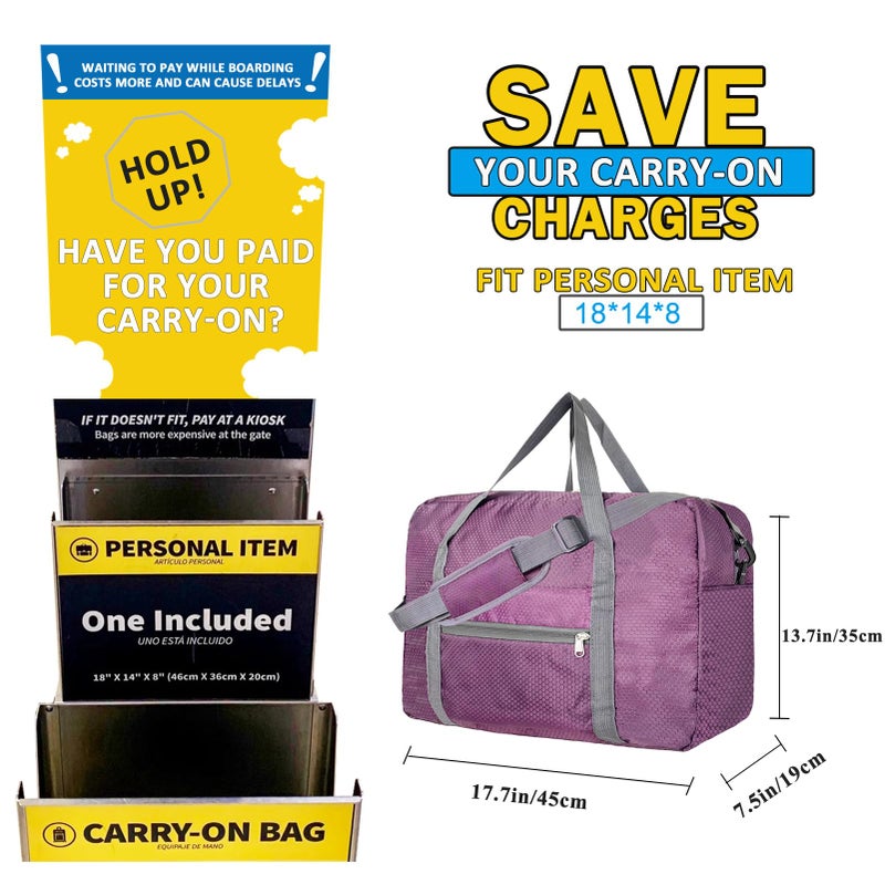 Beurlike For Spirit Airlines Personal Item Bag 18x14x8 Foldable Carry on Bags for Airplanes Travel Duffel Bags for Women and Men(Purple (With Shoulder Strap)) - Image 2
