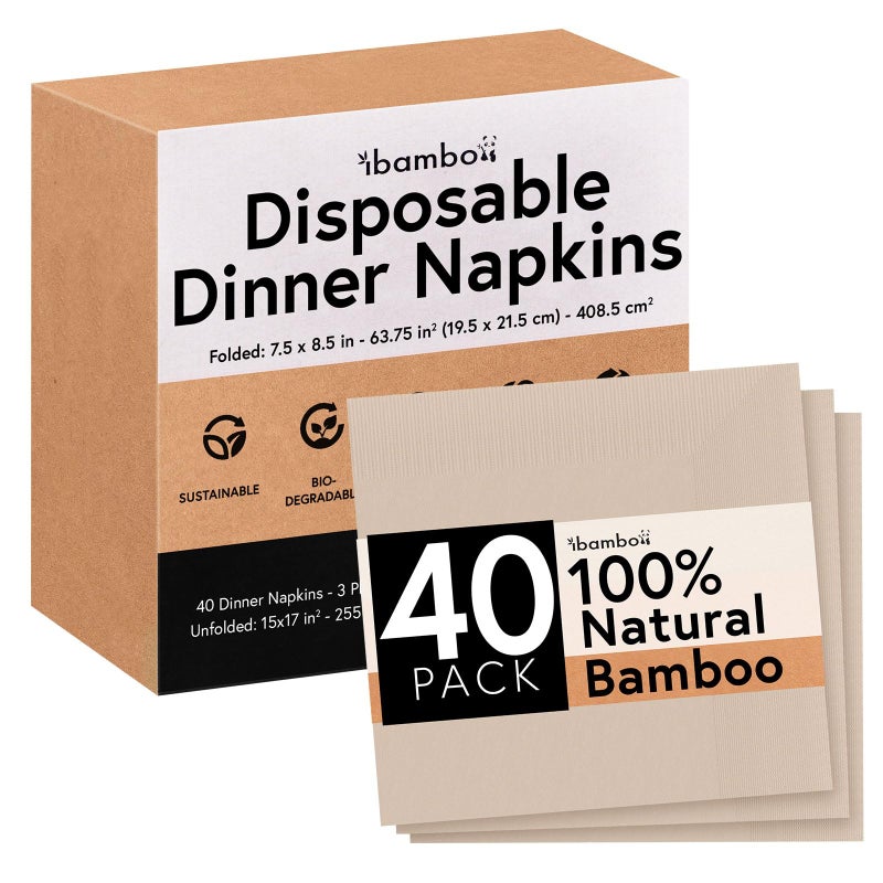 Ibambo 100 Bamboo Compostable Dinner Napkins 40Pack  Premium Bamboo Napkins Disposable for Lunch Dinner Events  Entertaining  3Ply FSC Certified  Compostable Paper Towels  75x85 Inch