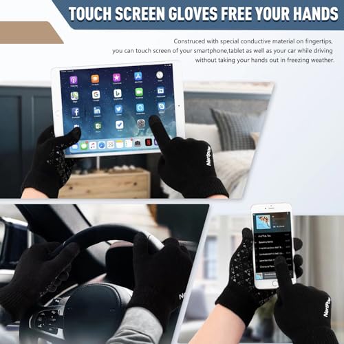 Nertpow Winter 1-3 PCS Beanie Hat Gloves Scarf for Men and Women, Knit Thick Fleece Lined Warm Touchscreen Gloves Beanie Infitiny Scarf Set (Gloves&Beanie Black Dark Gray) - Image 5