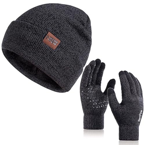 Nertpow Winter 1-3 PCS Beanie Hat Gloves Scarf for Men and Women, Knit Thick Fleece Lined Warm Touchscreen Gloves Beanie Infitiny Scarf Set (Gloves&Beanie Black Dark Gray) - Image 1