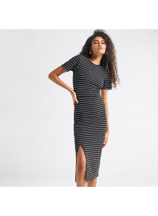 FAV Striped Midi Dress with Round Neck and Slit Detail  - Image 1