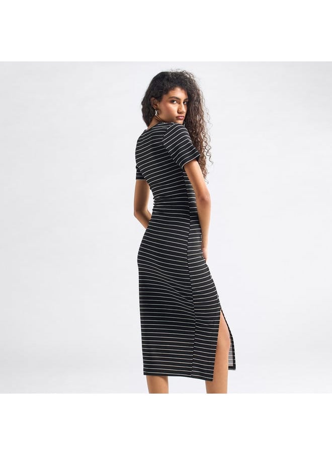 FAV Striped Midi Dress with Round Neck and Slit Detail  - Image 3